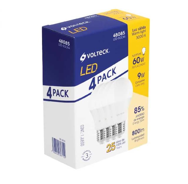 Focos de LED, A19, 9 W, luz cálida pack de 4 48085